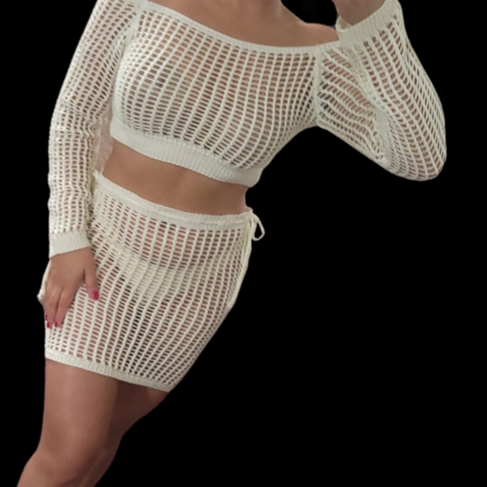 Crochet bikini cover up set long sleeve off the shoulder top and mini skirt